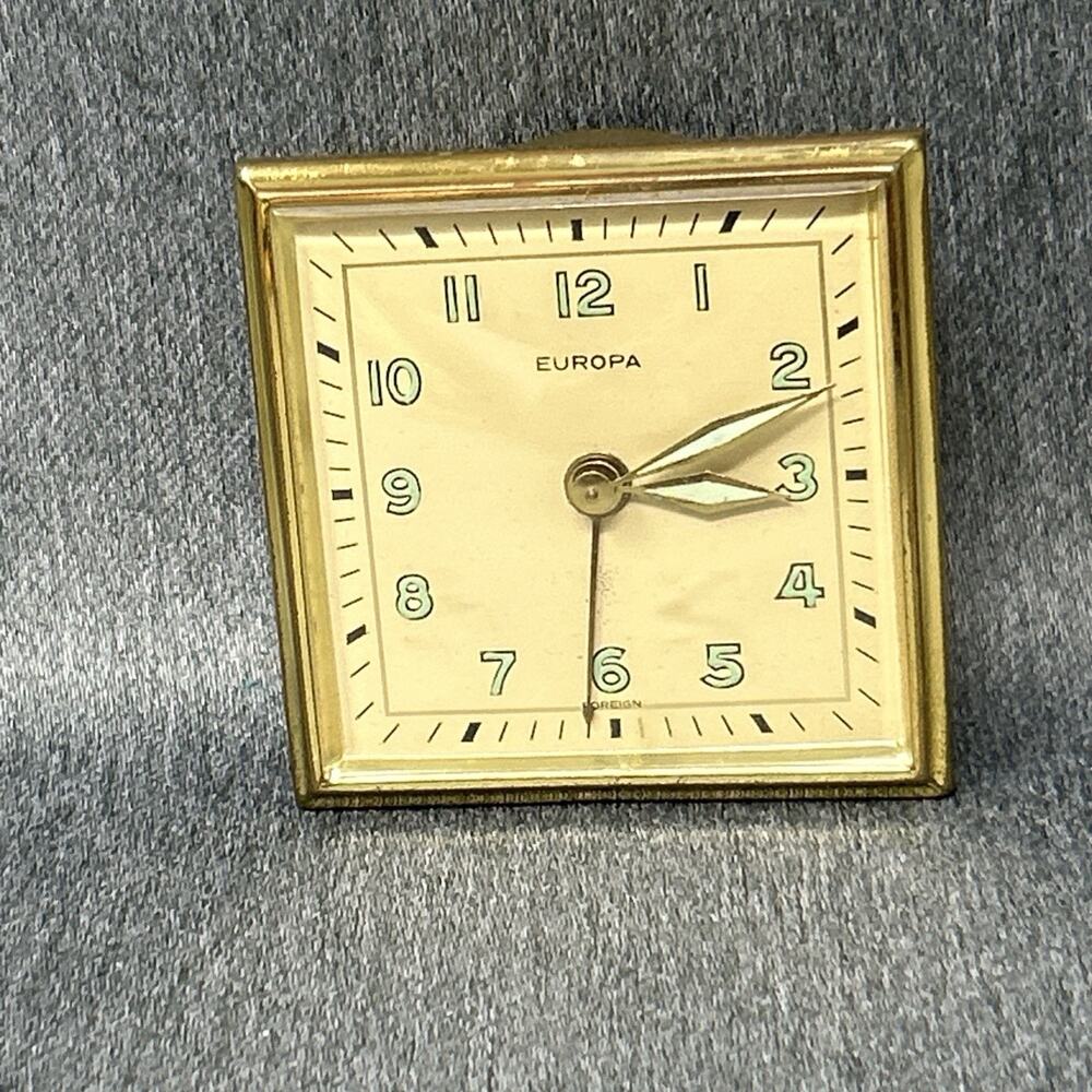 Vintage Europa 2 Jewels Travel Alarm Clock Brass Mechanical Wind Up Germany READ
